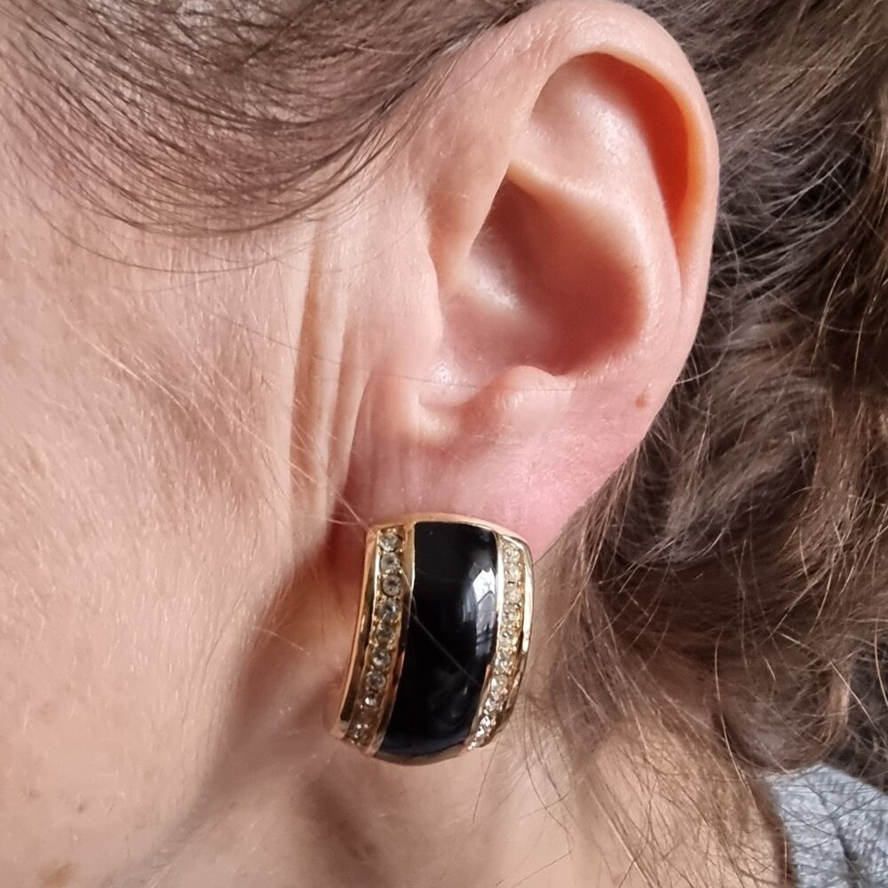 Vintage Christian Dior 1990s Black & Gold Clip-On Earrings With Rhinestone - Picture 2 of 7